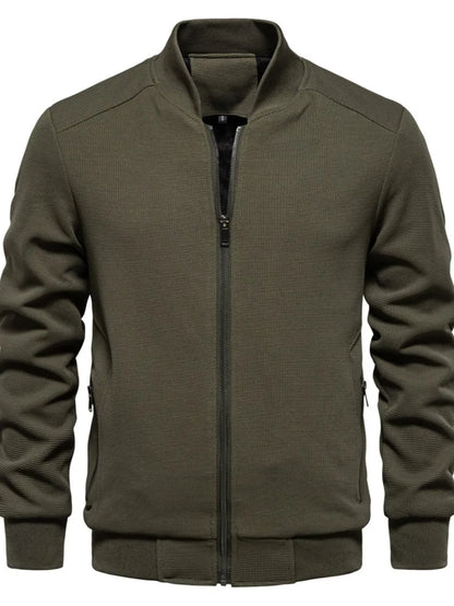 Men's Waffle Knit Baseball Collar Zip Up Jacket