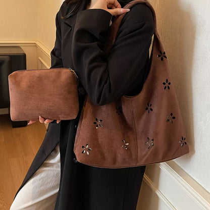 Floral Cutout Corduroy Shoulder Bag