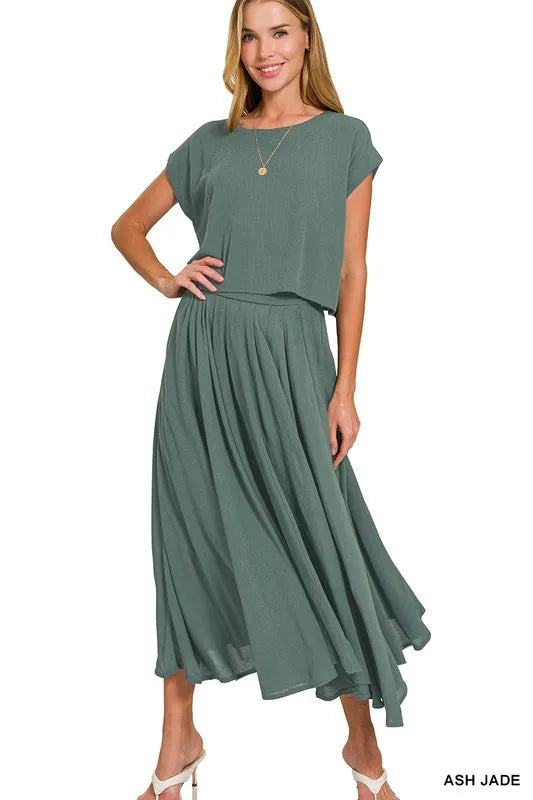 Zenana Woven Crinkle Gauze Crop Tee and Skirt Set