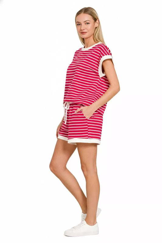 Zenana Stripe Contrast Trim Top & Shorts Set