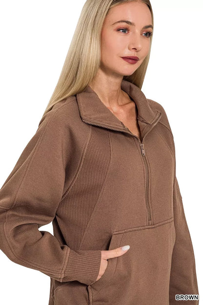 Zenana Half Zip Fleece Sweatshirt with kangaroo Pocket