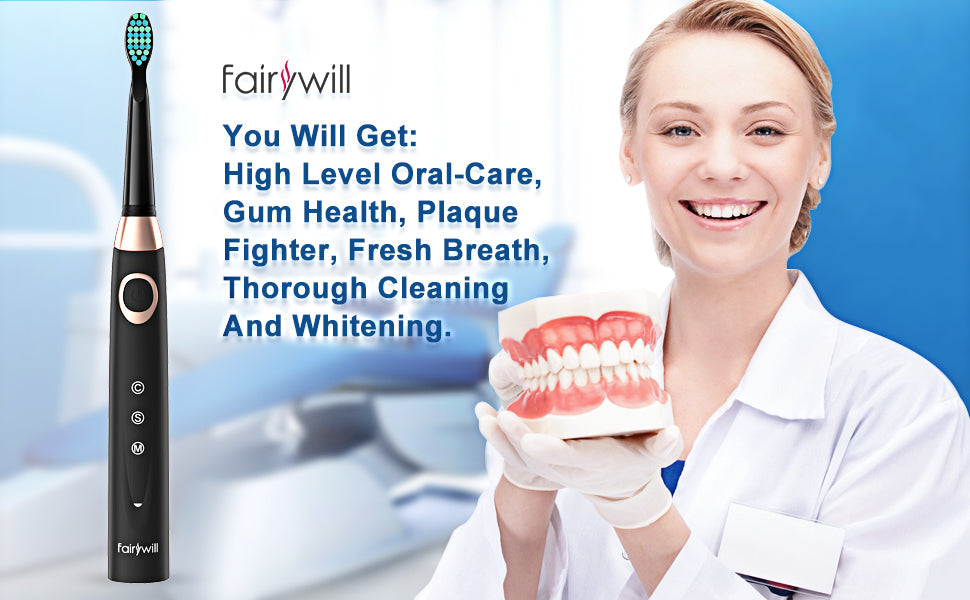 Fairywill FW-508 Sonic Electric Toothbrush Rechargeable Timer Brush 5 Modes Fast Charge Tooth Brush 8 Brush Heads for Adults