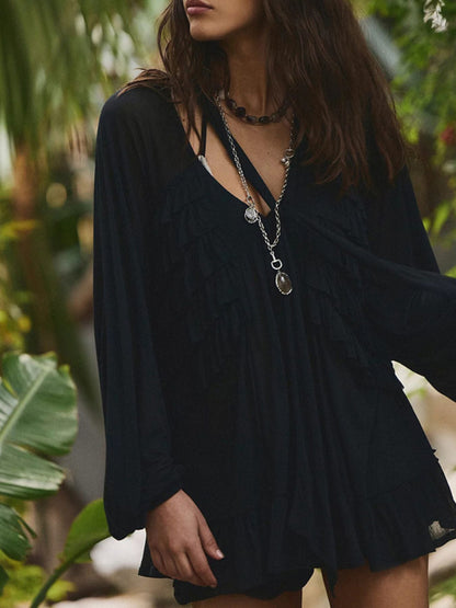 Sheer Ruffle Trim Beach Cover-Up