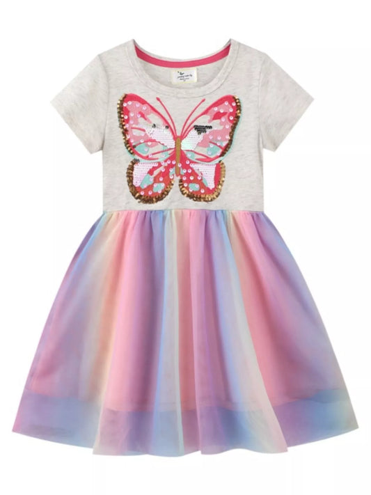 Children's Butterfly Sequin Rainbow Tulle Dress