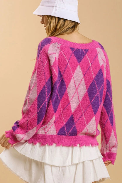 Umgee Full Size Argyle Pattern V-Neck Button Front Cardigan Plus Size