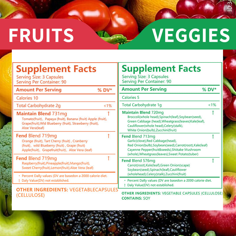Whole Food Fruits And Veggies Supplement, 30 Servings 90 Capsules Daily 3 Caps 5 Servings Of Fresh Produce