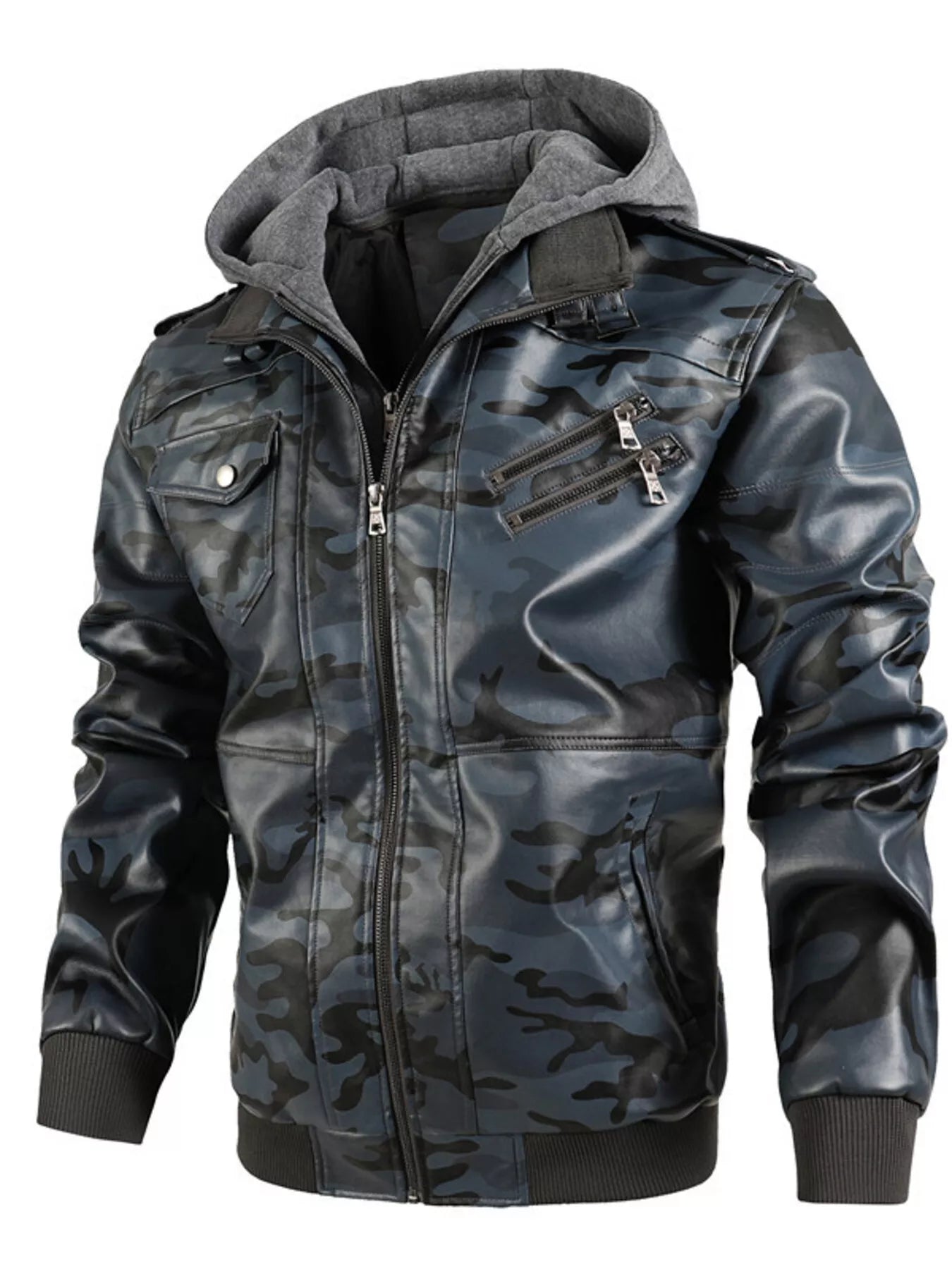 Men's Full Size Hooded Faux Leather Moto Jacket Plus Size