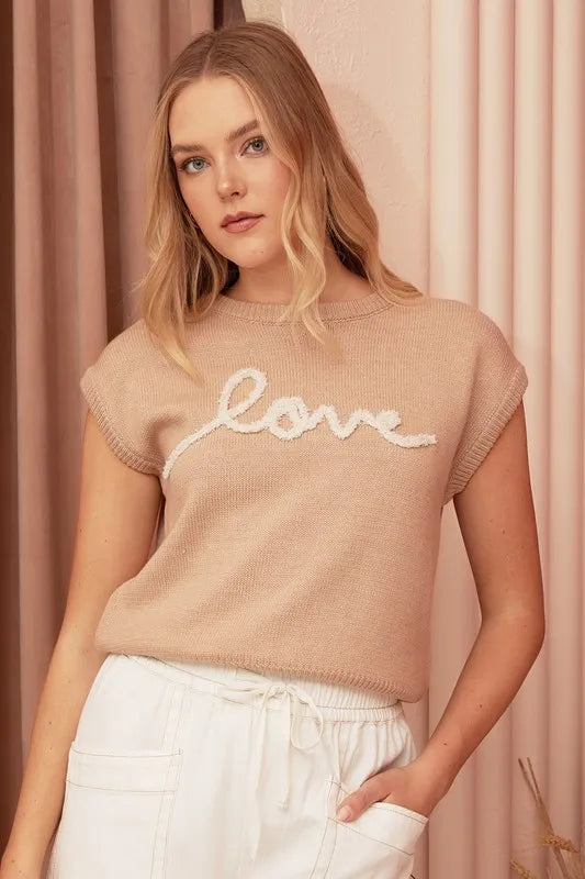 Mittoshop Contrast Letter Round Neck Cap Sleeve Knit Top