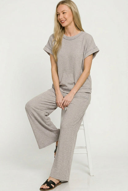 Zenana Washed Slub Short Sleeve Tee & Long Pants Set
