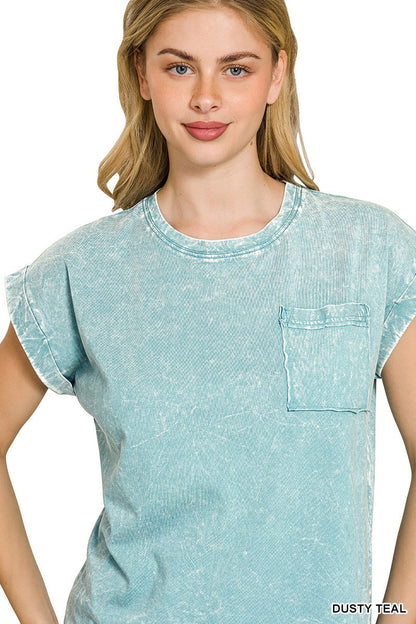Zenana Full Size Crinkle Washed Round Neck Folded Short Sleeve Tee Plus Size