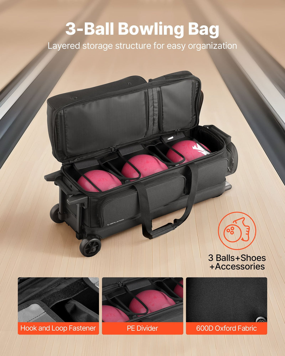 Bowling Ball Bag, 3 Ball Double Roller Bowling Bag With Wheels, Featuring A Separate Compartment For Shoes (Up To US Size 16) & Oversized Accessory Pocket, Retractable Handle Extends To 41.34 In