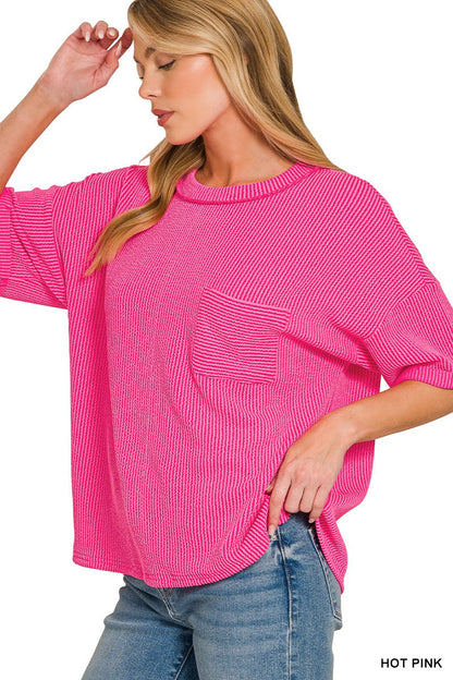 Zenana Raised Rib Short Sleeve Front Pocket Top