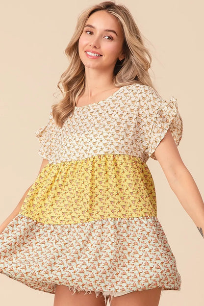 BiBi Flroal Printed Woven Color Block and Tiered Top
