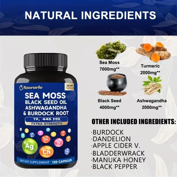 Sea Moss Black Seed Oil Ashwagandha & Burdock Root 19445mg Extra Strength Capsules - All-in-One Superfood Supplement For Immune Support, Energy & Vitality - 120 Capsules
