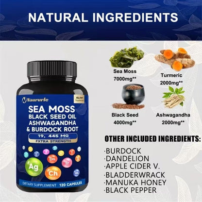 Sea Moss Black Seed Oil Ashwagandha & Burdock Root 19445mg Extra Strength Capsules - All-in-One Superfood Supplement For Immune Support, Energy & Vitality - 120 Capsules