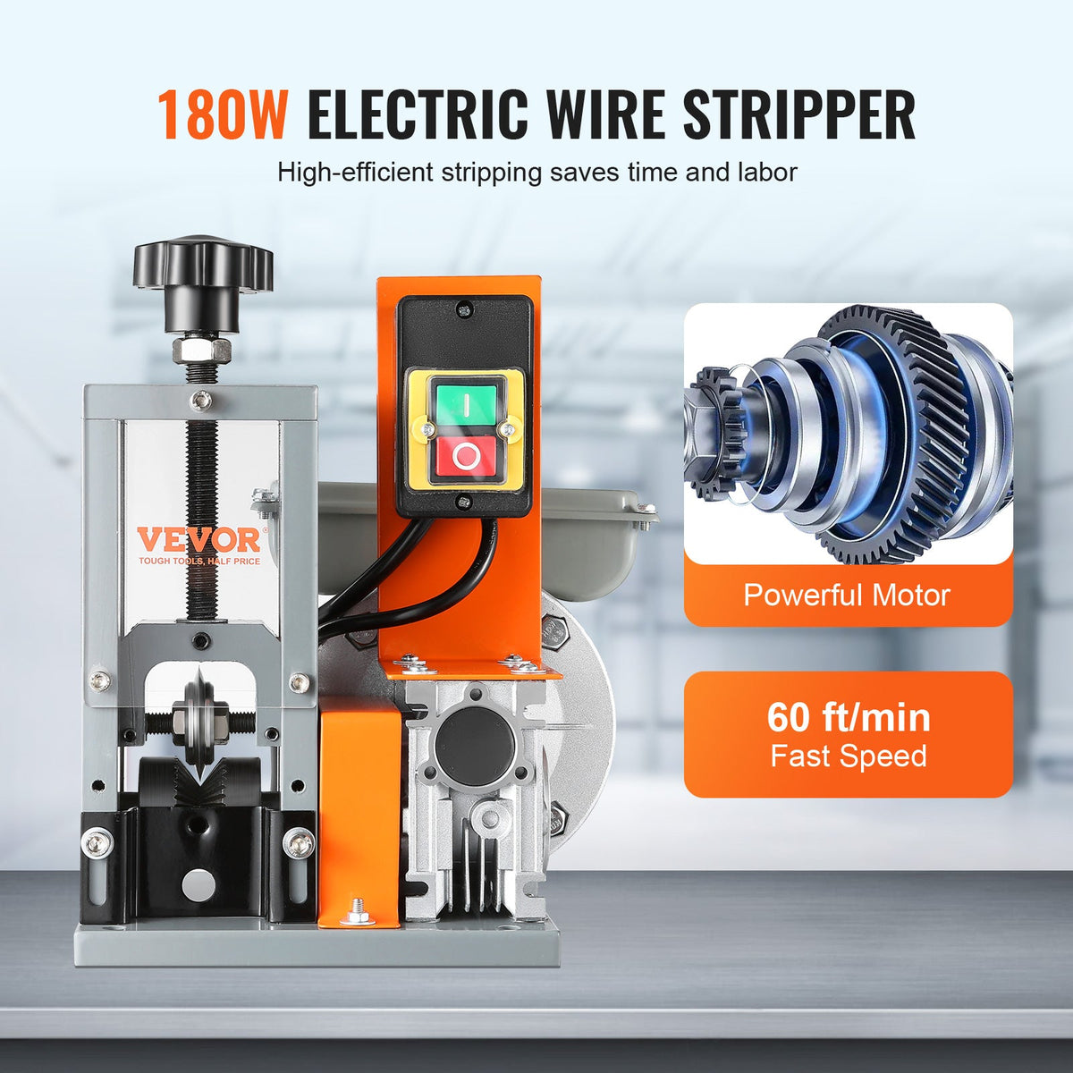 VEVOR Automatic Wire Stripping Machine,  Electric Motorized Cable Stripper, 180 W, 60 Ft Min Wire Peeler With Visible Stripping Depth Reference, For Scrap Copper Recycling