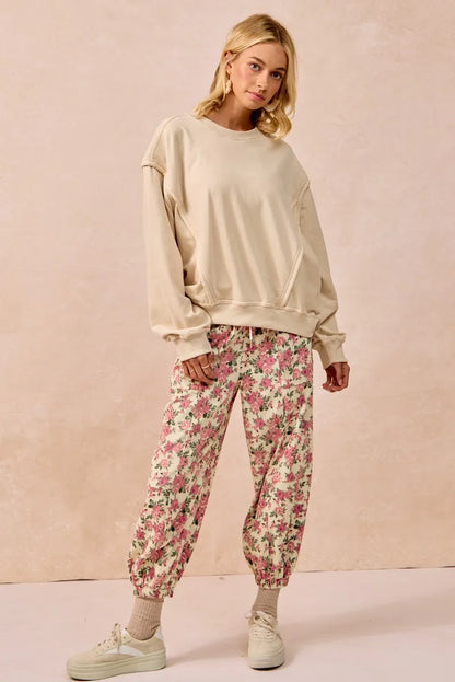 BiBi Floral Printed Twill Drawstring Pants With Elastic Band