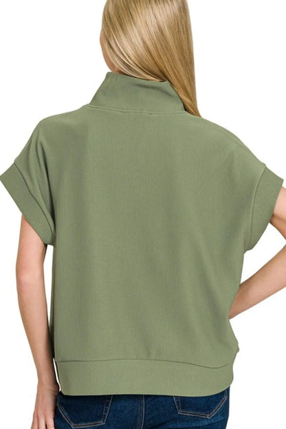Zenana Ribbed High Neck Half Zip Top