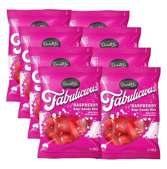 Darrell Lea - Sour Raspberry Sticks, 7 oz (Pack of 8) - Australian Dairy-Free Candy