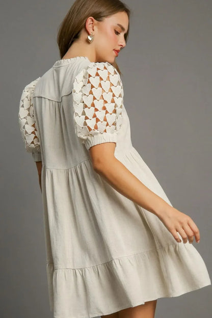 Umgee Full Size Ruffled Hem Heart Lace Sleeve Tie Neck Dress Plus Size