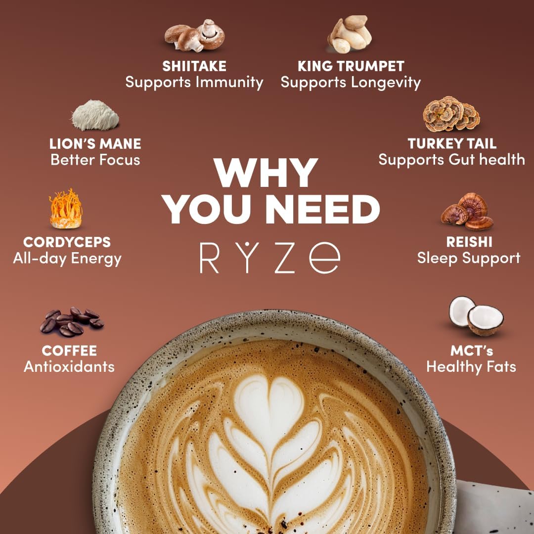 RYZE SUPERFOODS Mushroom Coffee Dark Roast, 6 Adaptogenic Mushrooms & Prebiotic Blend, Instant Coffee Supports Energy, Focus, Digestion & Immunity, Lions Mane & Turkey Tail, 30 Servings.