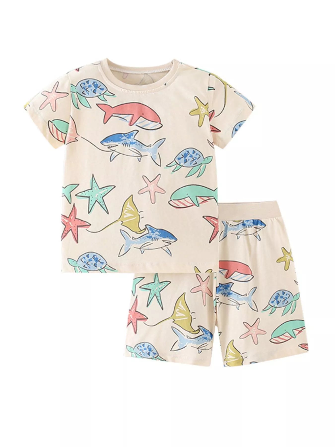 Children's Ocean Print Round Neck Tee and Shorts Set