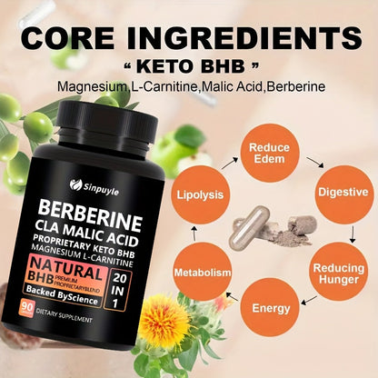 Berberine 20 In 1 Keto BHB Supplement - CLA, Malic Acid & L-Carnitine For Metabolism & Energy Support, 90 Capsules