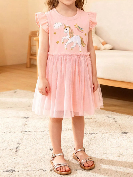 Children's Unicorn Ruffle Sleeve Tulle Dress