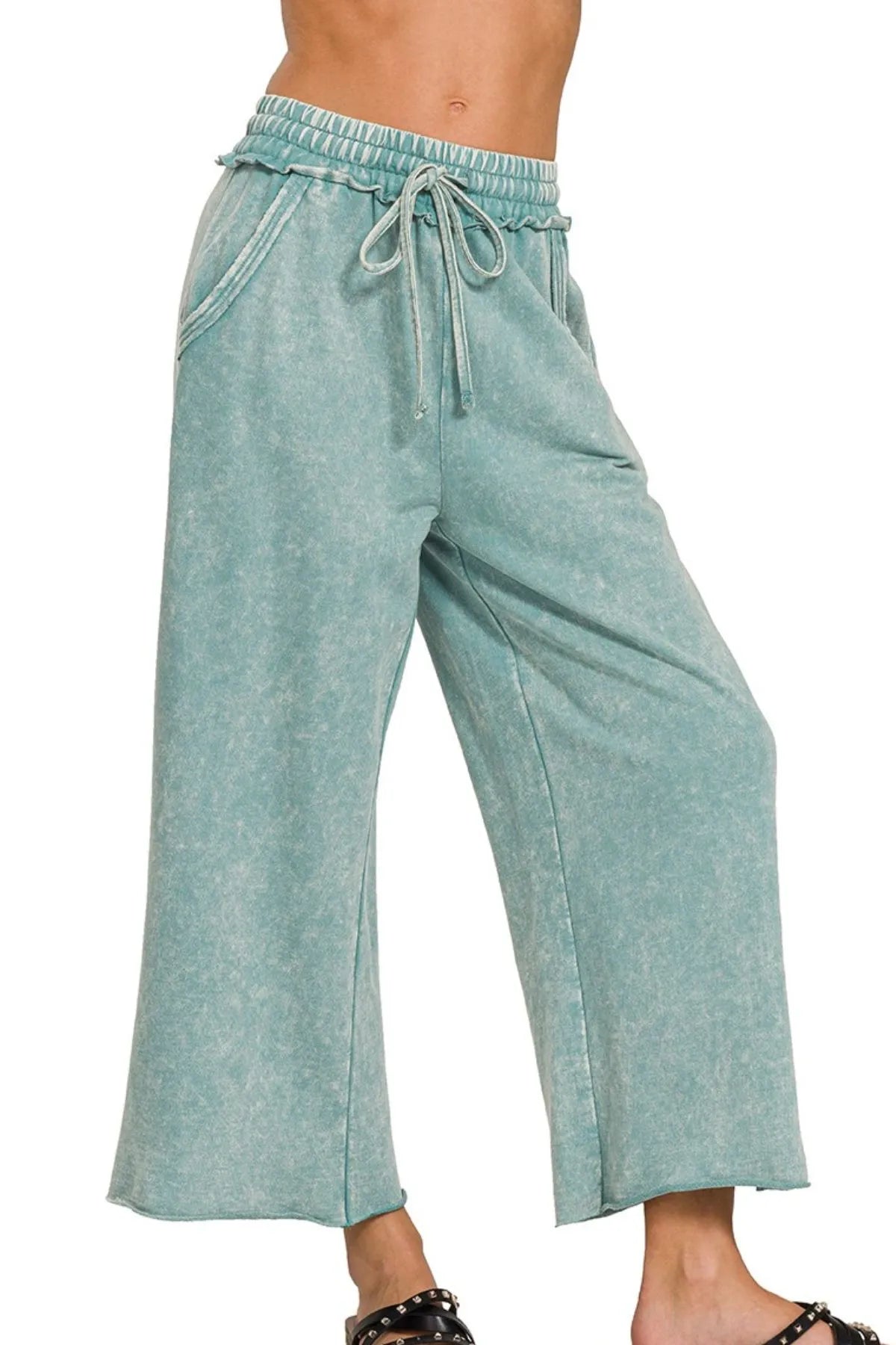 Zenana Washed French Terry Palazzo With Pockets