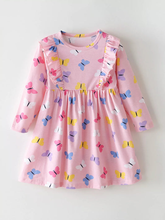 Children's Butterfly Print Ruffle Trim Long Sleeve Dress