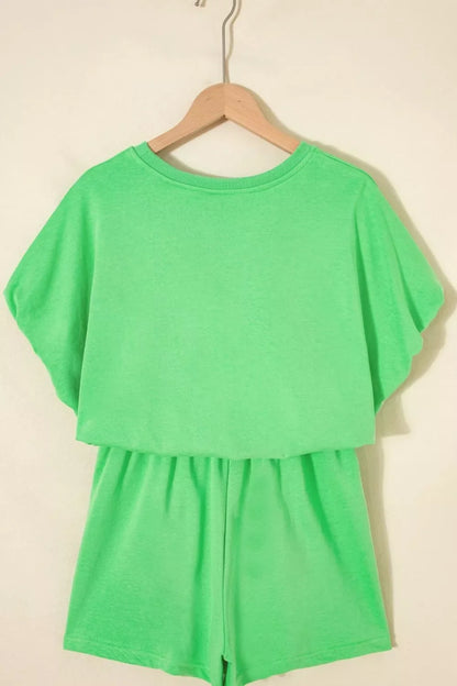 Solid Color Puffy Loose Top Drawstring Shorts 2pcs Outfit