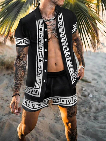 Men's Full Size Printed Button Up Top and Shorts Set Plus Size