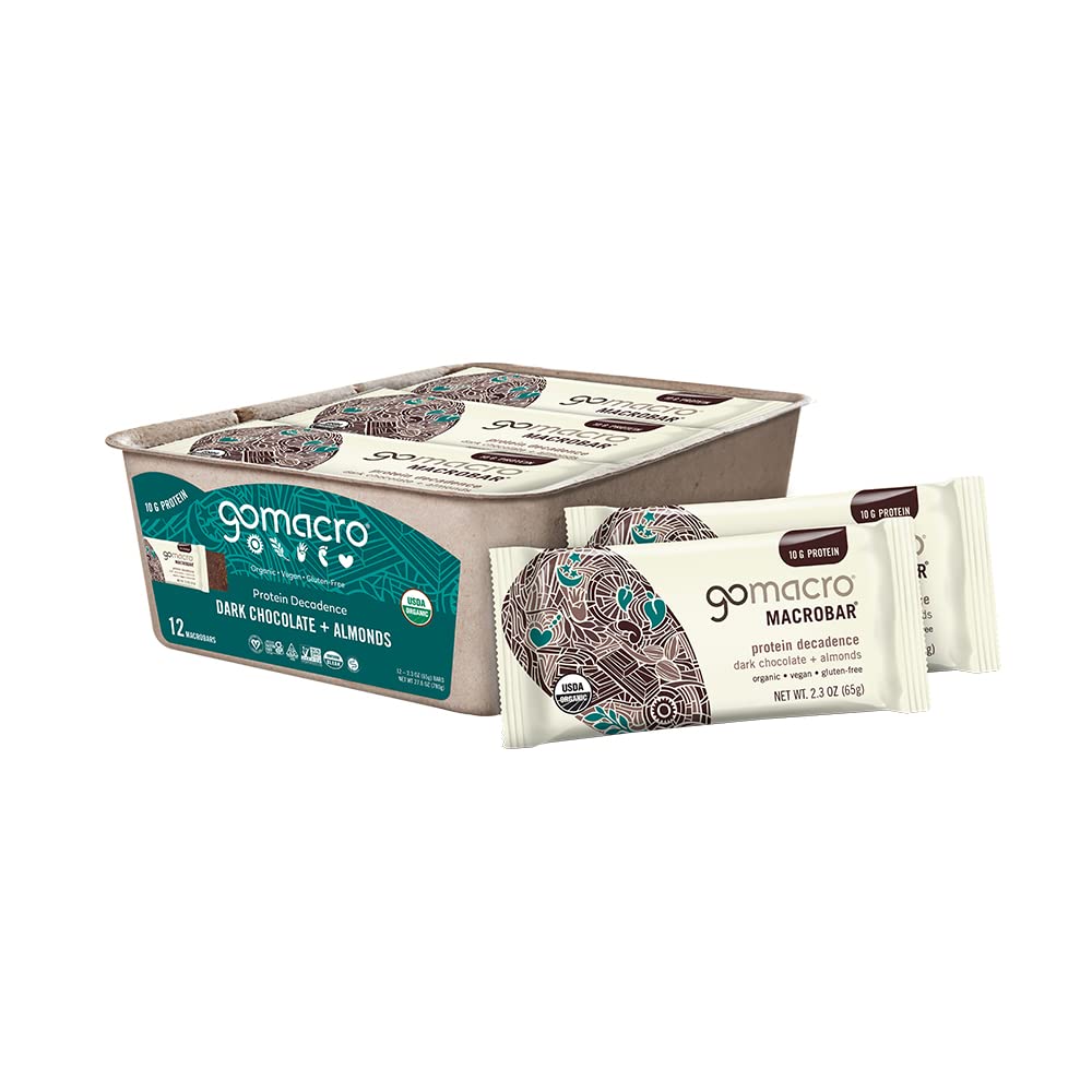 Gomacro Organic Dark Chocolate Almond Protein Bar, Case of 12, 2.3 oz.