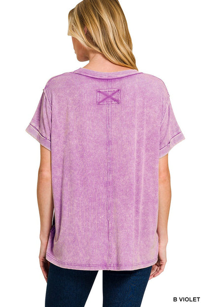 Zenana Washed Ribbed Cuffed Short Sleeve Round Neck Top