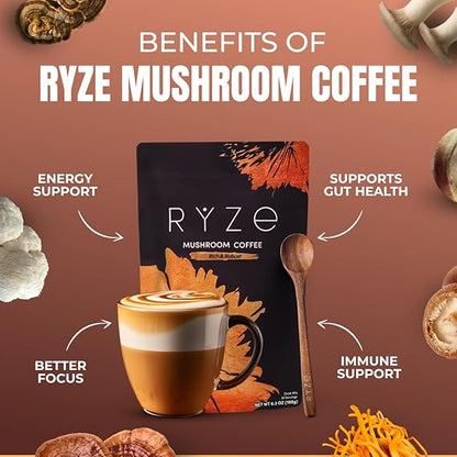 RYZE SUPERFOODS Mushroom Coffee Dark Roast, 6 Adaptogenic Mushrooms & Prebiotic Blend, Instant Coffee Supports Energy, Focus, Digestion & Immunity, Lions Mane & Turkey Tail, 30 Servings.