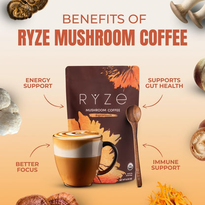 RYZE SUPERFOODS Mushroom Medium Roast Coffee Starter Kit, USDA Organic Instant Coffee with 6 Adaptogenic Mushrooms and for Energy, Focus, Digestion, Immunity with Lions Mane & Turkey Tail 30 Serving
