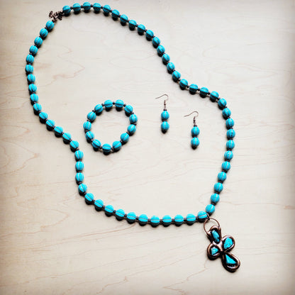 **Blue Turquoise Melon Beaded Necklace w/ Copper Cross 260g