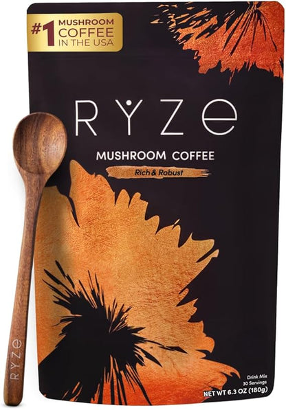 RYZE SUPERFOODS Mushroom Coffee Dark Roast, 6 Adaptogenic Mushrooms & Prebiotic Blend, Instant Coffee Supports Energy, Focus, Digestion & Immunity, Lions Mane & Turkey Tail, 30 Servings.