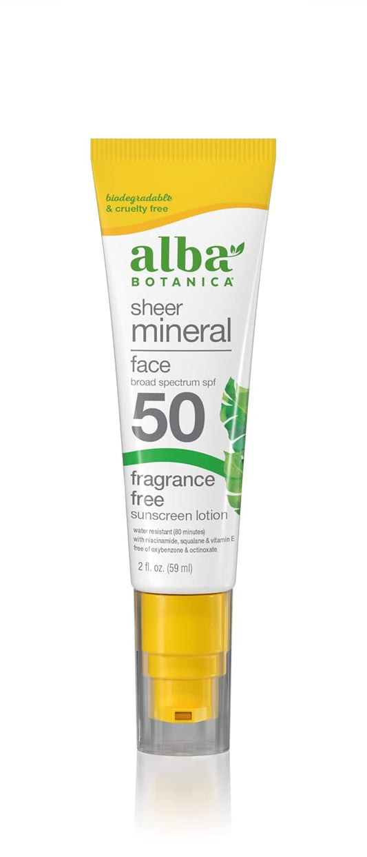 Alba Botanica - Mineral Face Sunscreen SPF50, 2 fl oz - Gluten-Free Protection
