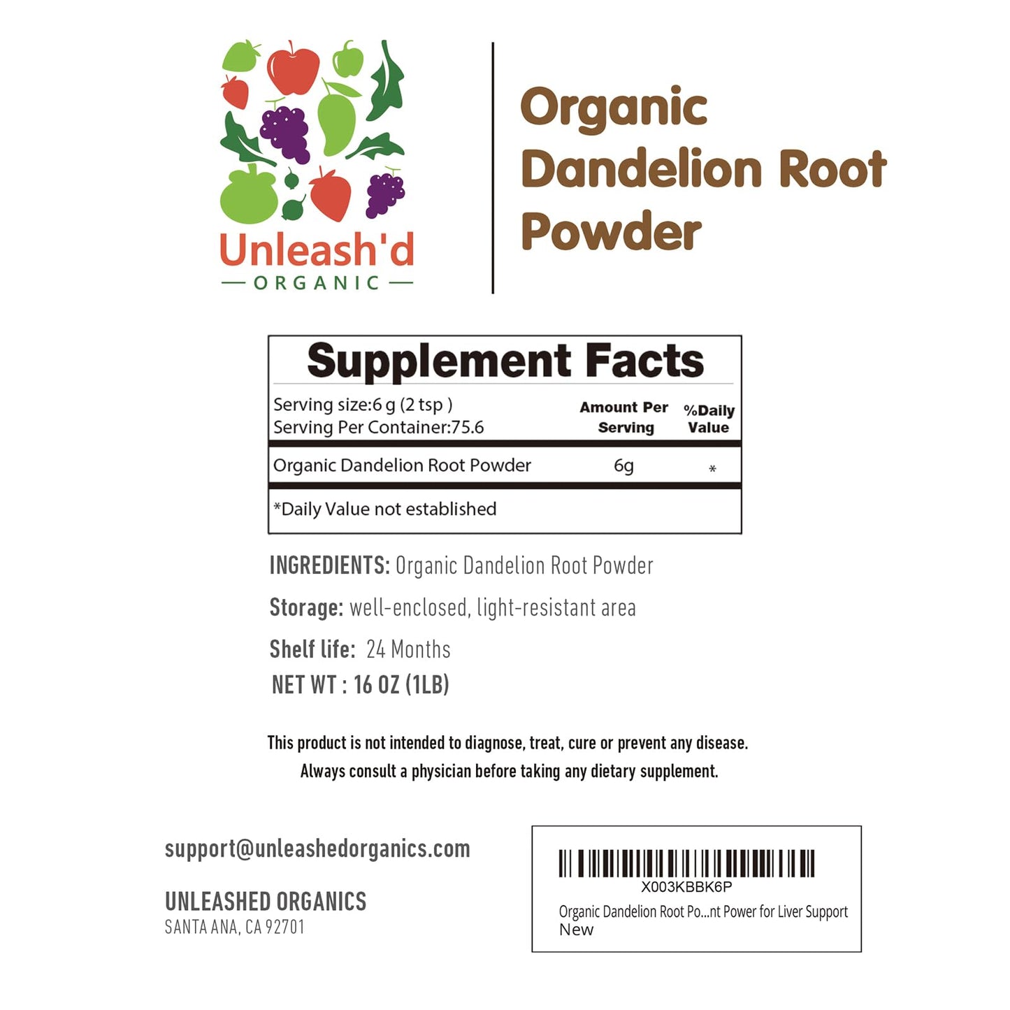 UNLEASH'D ORGANIC Organic Dandelion Root Powder 16 oz for Tea and Beverages