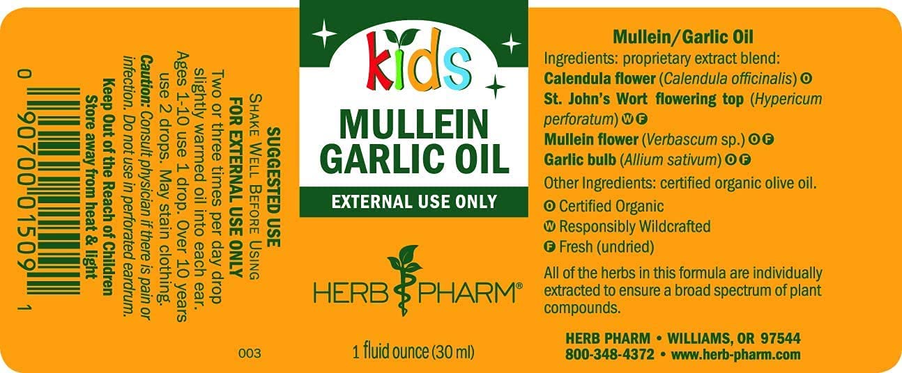 Herb Pharm Kids Ear Mullein Garlic Oil - Natural Earache Relief for Children - 1 Fl Oz