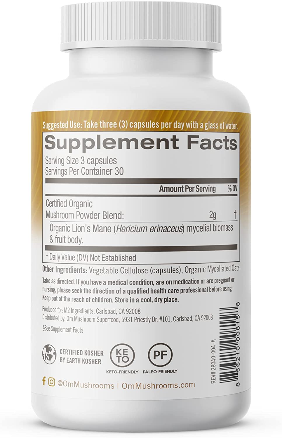 Om Mushroom Superfood Lion's Mane Mushroom Capsules, 90 Count