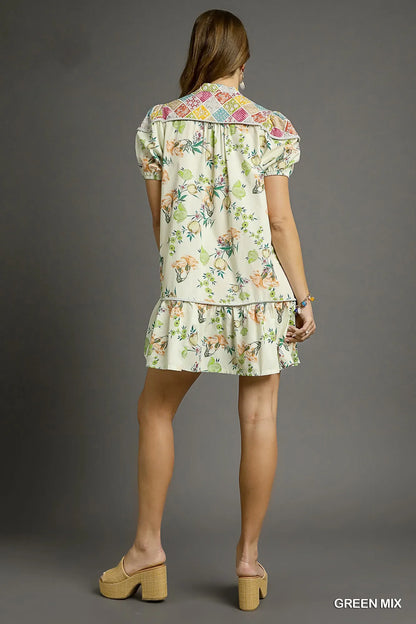 Umgee Floral Print Tie Neck Puff Sleeve Dress