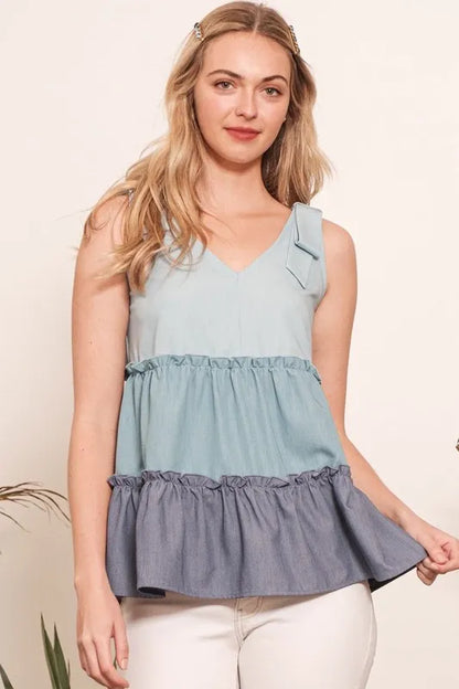 Lime 'N' Chili Full Size Color Block V-Neck Baby Doll Sleeveless Top Plus Size