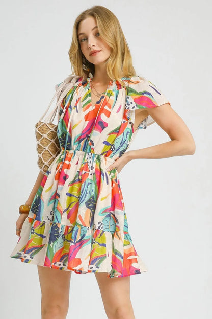 Umgee Printed Tie Neck Ruffled Hem Dress