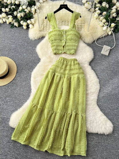 Textured Crop Top and Tiered Skirt Set
