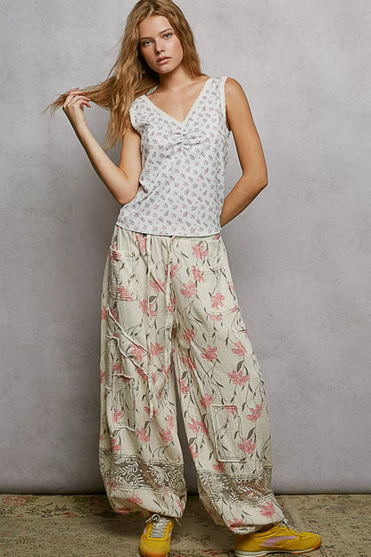 POL Ruched Floral V-Neck Tank with Lace Detail