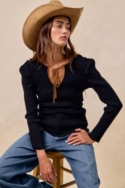 BiBi Ribbed Contrast Front Tied Top with Shrried