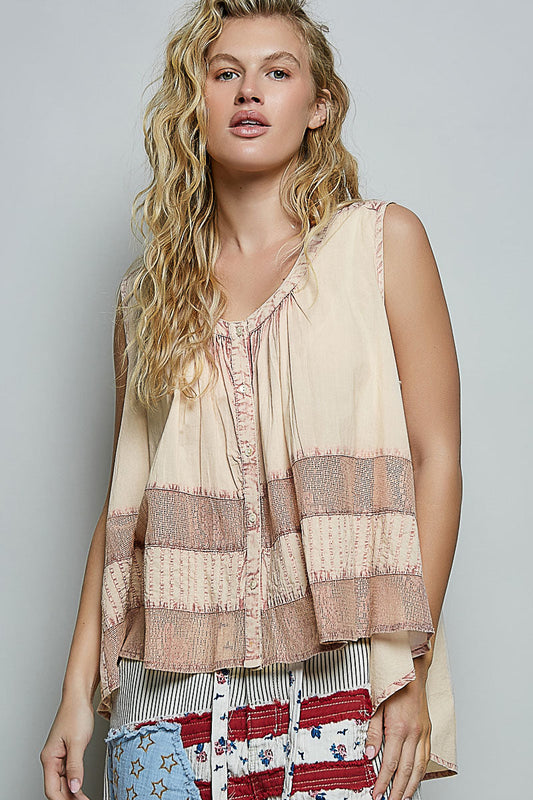 POL Button Down Round Neck Tank with Crochet Contrast