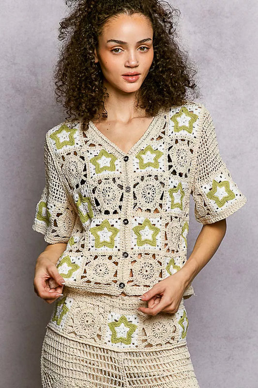 POL Button Front V-Neck Crochet Cardigan with Contast Star